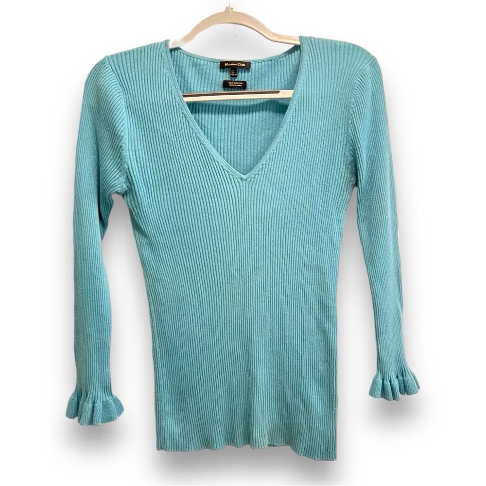 Mossimo Dutti Blue Silk Cotton Ruffle Ribbed Sweater